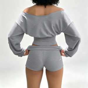 Conjunto de Dos Piezas Personalizado: Top Corto y Mini Shorts de Cintura Alta con Pliegues, Estilo Casual de Verano, Hombros Descubiertos y Manga Larga - Product Image 2