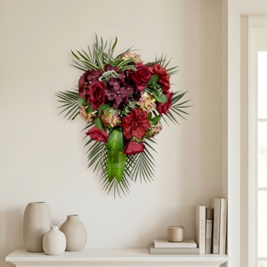 <b>Artificial</b> Burgundy Rose <b>Bouquet</b> Decorative Floral Arrangement with Mixed Flowers and Green Foliage Home Decor Wreaths and Swags - Product Image 4