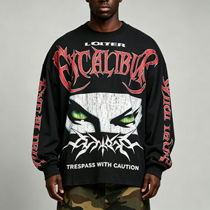 Custom Double-Sided Graphic Print Vintage Washed Black Long Sleeve Tee Men Distorted <strong>Flame</strong> Print Hip Hop Streetwear Cotton <strong>Shirt</strong> - Product Image 1
