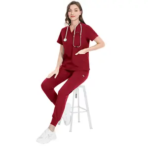 Custom Logo Scrub Suit Short Sleeve V Neck Doctor Hospital Uniforms Suits Top Jogger Pants Scrubs Unisex Mens Uniform Sets