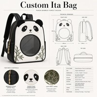 Tas Ita Bag Custom Panda Face dengan Tali Bahu Empuk yang Dapat Disesuaikan, Kulit PU Bertekstur Hitam, Jendela Transparan, Dompet Berlapis Premium
