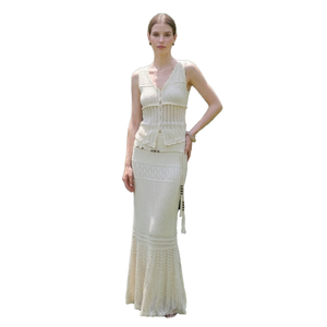Conjunto de suéter de dos piezas de lino 100% sólido para mujer, estilo vintage, largo completo, con decoración de agujeros, para verano - Product Image 1