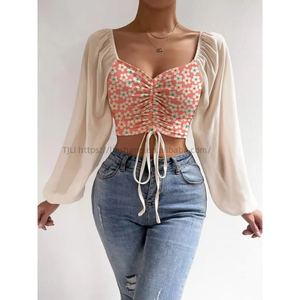 Summer New V-neck Chiffon Drawstring Lantern Sleeve Tight Fashion Sexy Women's Shirt Top Blouse Fashion - Product Image 6