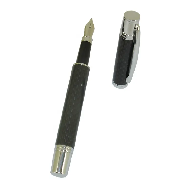 ACMECN Luxury Full Carbon Fiber Fountain Pen with Silver Trim Liquid ink Pens with Pump Cartridge School Calligraphy Pen