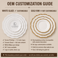 Assiette de table en porcelaine New Bone China blanche, motif lotus festonné, logo personnalisé OEM, 7 tailles, MOQ 300 pièces, impression sérigraphique pour marque hôtelière