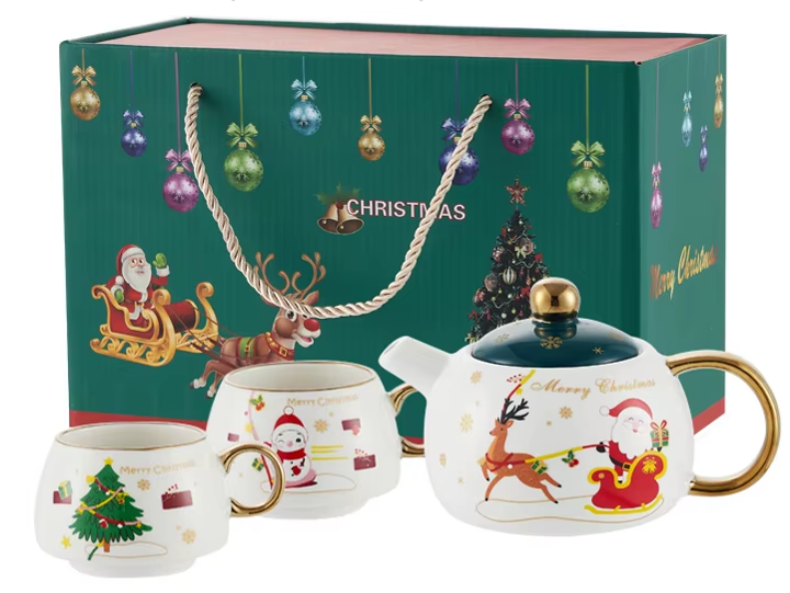 หม้อชาแบบหนึ่งหม้อสองถ้วย สีขาว-แดง พร้อมด้ามจับสีทอง