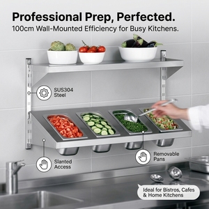 Heavy Duty Wall Mounted <b>Stainless</b> <b>Steel</b> Shelf with 4 Compartment GN Pan Rack Dual Level Ingredient Storage for Canteen Buffet - Product Image 1