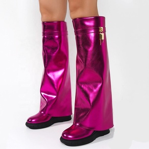 Big Size 48 Women Round Toe Overlay Wedge Heels Shoes Bright Metallic Lock Shark Booties Cowgirls Thick Soles Knee High <b>Boots</b> - Product Image 6