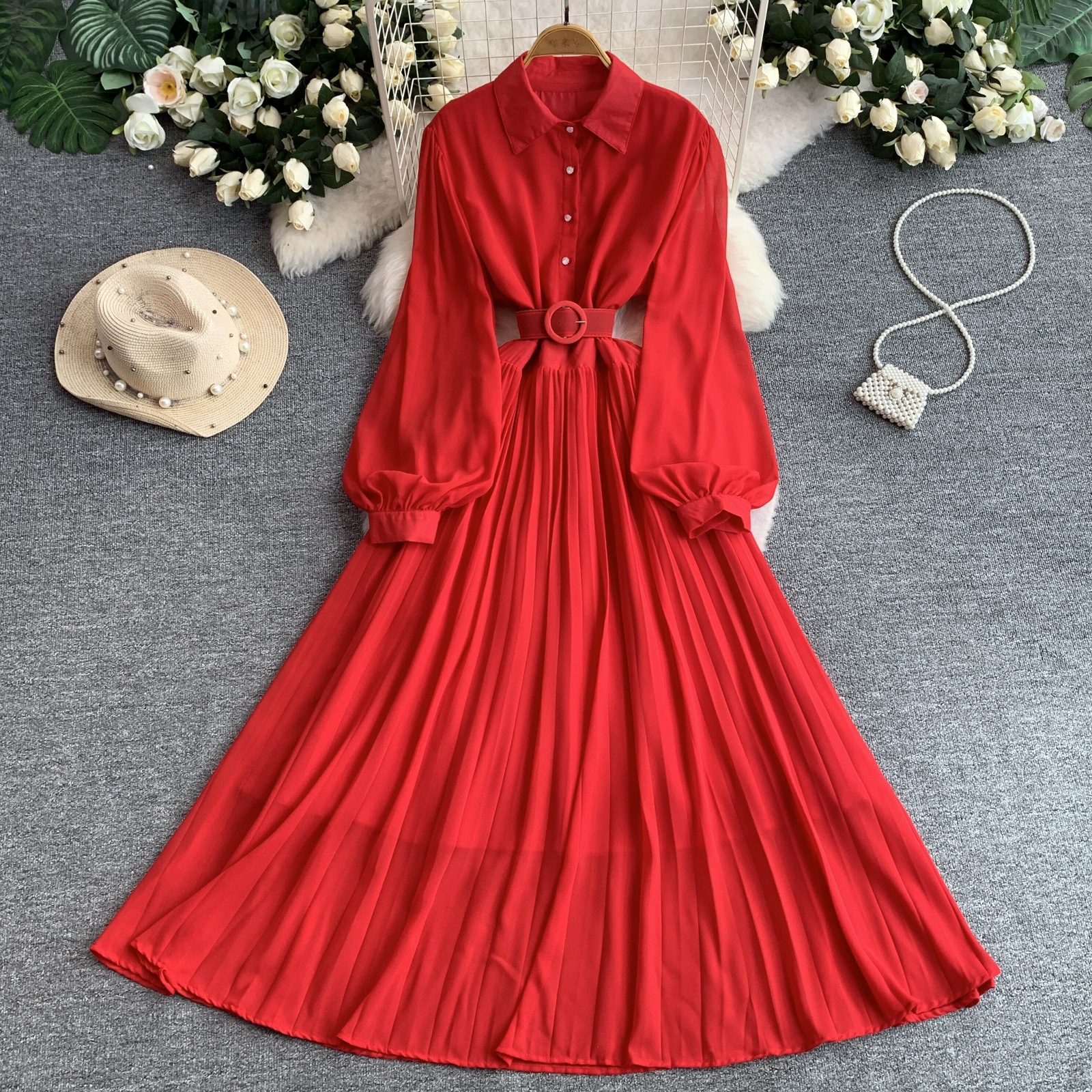 Chiffon Long Sleeve Full Skirt Red Dress Kylie Red High-Neck Maxi Dress  With Chiffon Skirt