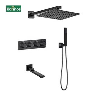 Juego de Ducha de Cuatro Vías, Negro, Cuadrado, Cabezal de Ducha Grande, Montado en la Pared, Tipo Lluvia, Mezclador para Bañera, Salida de Agua para Baño, Oculto - Product Image 1