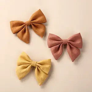Yucat Wholesale 8cm Sweet Pure Color Children Hairgrips Hair Accessories Linen Fabric Bow Knot Hair Clips For Girls Kids