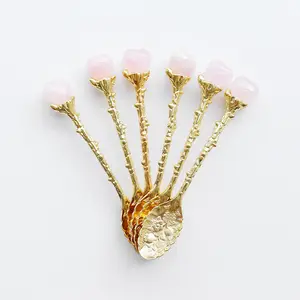 Fancy Luxury Golden Crystal Rose Quartz Inlay Coffee Spoon