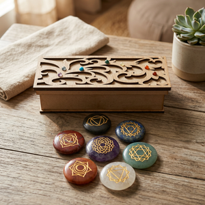 Ensemble de 7 pierres de cristal des chakras avec symboles géométriques et boîte en bois découpée au laser par Rozrincrystals.com Modèle CHGFT-24 - Product Image 5