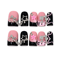 Lot de 10 faux ongles courts French Manucure, faits main, avec motifs étoile en cristal, nœud et perles roses, 3D, autocollants, rose vif