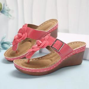 Sandales à enfiler à décor de fleurs chics-Couleur unie, string compensé léger-Chaussures d'été confortables pour un style <span class=keywords><strong>chic</strong></span> décontracté - Product Image 5