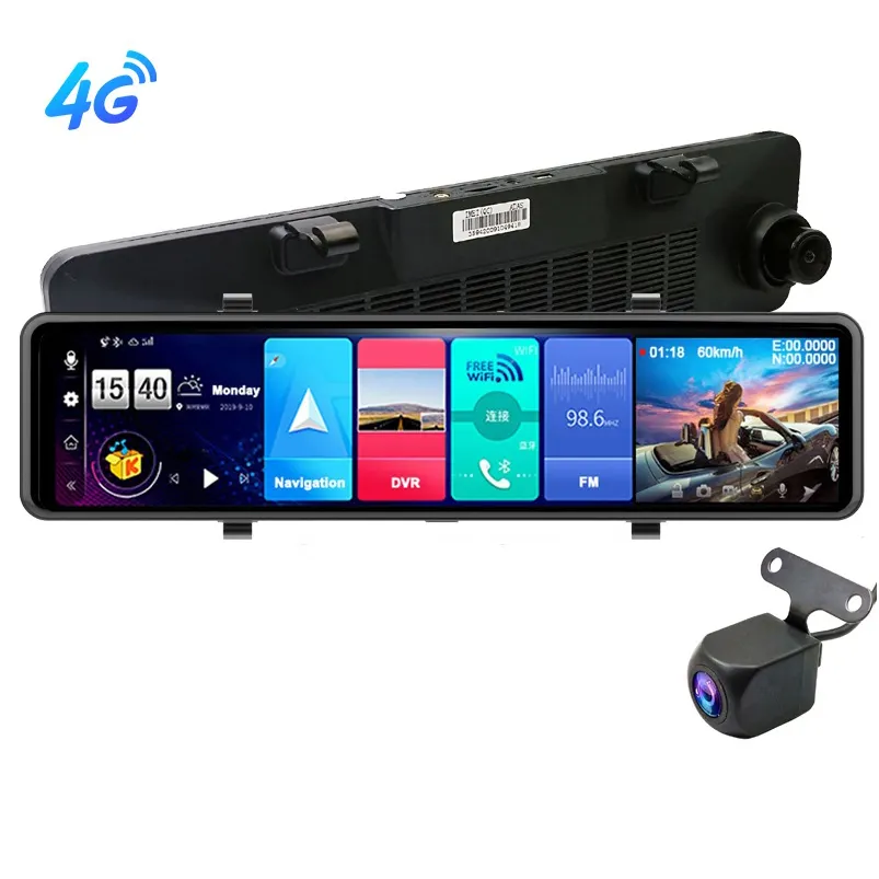 Kamera DVR Mobil 12 Inci 4G Android 8.1, Kamera Dasbor <span class=keywords><strong>Cermin</strong></span> Depan dan Belakang FHD 1080P Perekam Pengemudian Otomatis Monitor Aplikasi