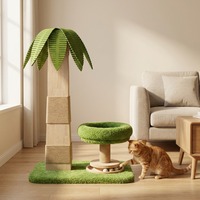 Arbre à chat moderne en forme de palmier, griffoir en bois naturel avec corde en sisal, perchoir en peluche et circuit de balles, pour intérieur, Noël