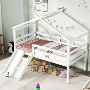 Kids Playhouse Loft <strong>Bed</strong>, White Twin Low Loft <strong>Bed</strong> <strong>with</strong> <strong>Slide</strong>, Ladder &amp; Anti-Fall Guardrails - Product Image 3
