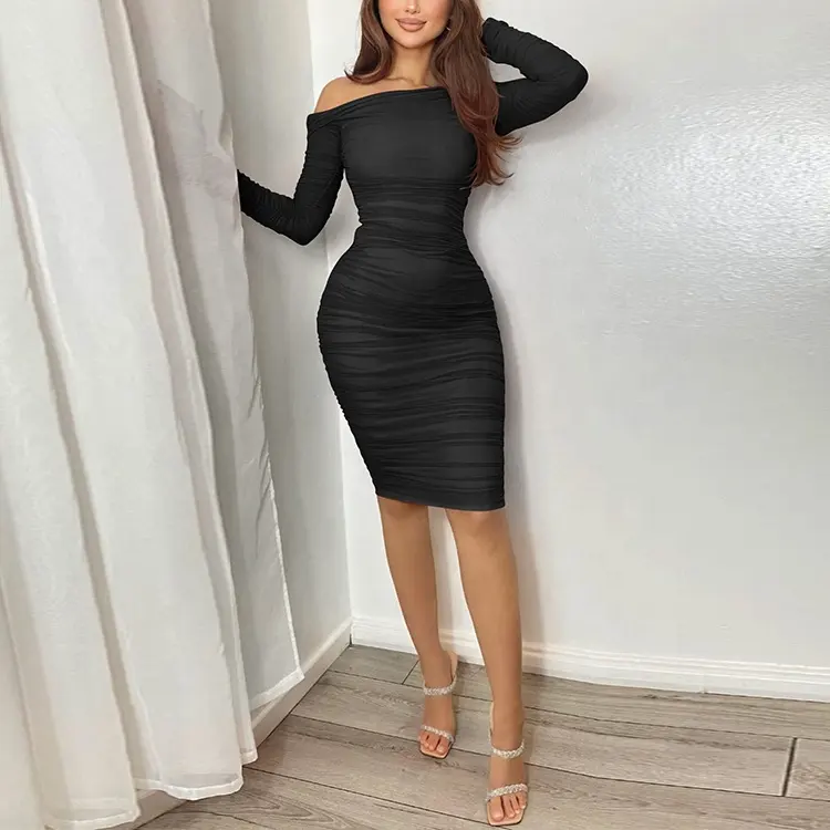 2023 Summer wholesale women sexy bodycon dress bandage Elegant long sleeve Off Shoulder midi gown for ladies Cocktail Dresses