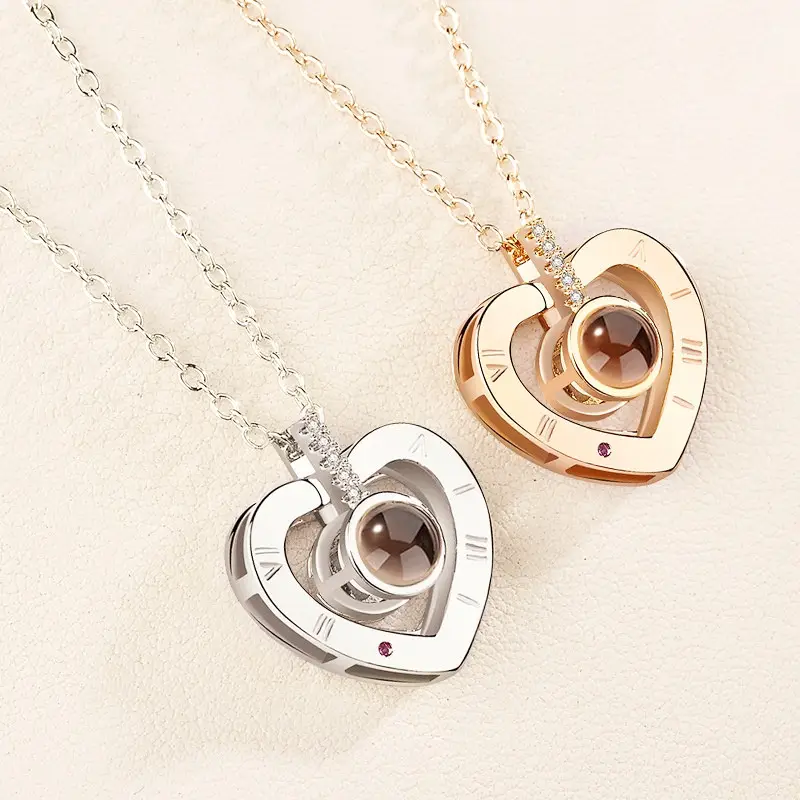 Fashion Valentines Day Gifts 100 Languages I Love You Rose Gold Love Memory Projection Zircon Pendant Necklace