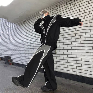 Ensembles pour hommes fermeture éclair col rabattu veste de couleur contrastée réfléchissante pantalon à jambes larges 2025 haute rue hommes survêtements de sport - Product Image 3