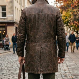 Wholesale Top Selling <b>Men</b>’s <b>Long</b> <b>Coat</b> Double Breasted Custom Color Embossed Genuine Leather <b>Coat</b> Mid Length Winter Wear - Product Image 5