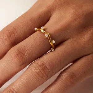 Aretas anel de casamento feminino, design simples, aberto, feminino, de aço inoxidável, minimalista, joia feminina, noivado, onda irregular, anel de pérola