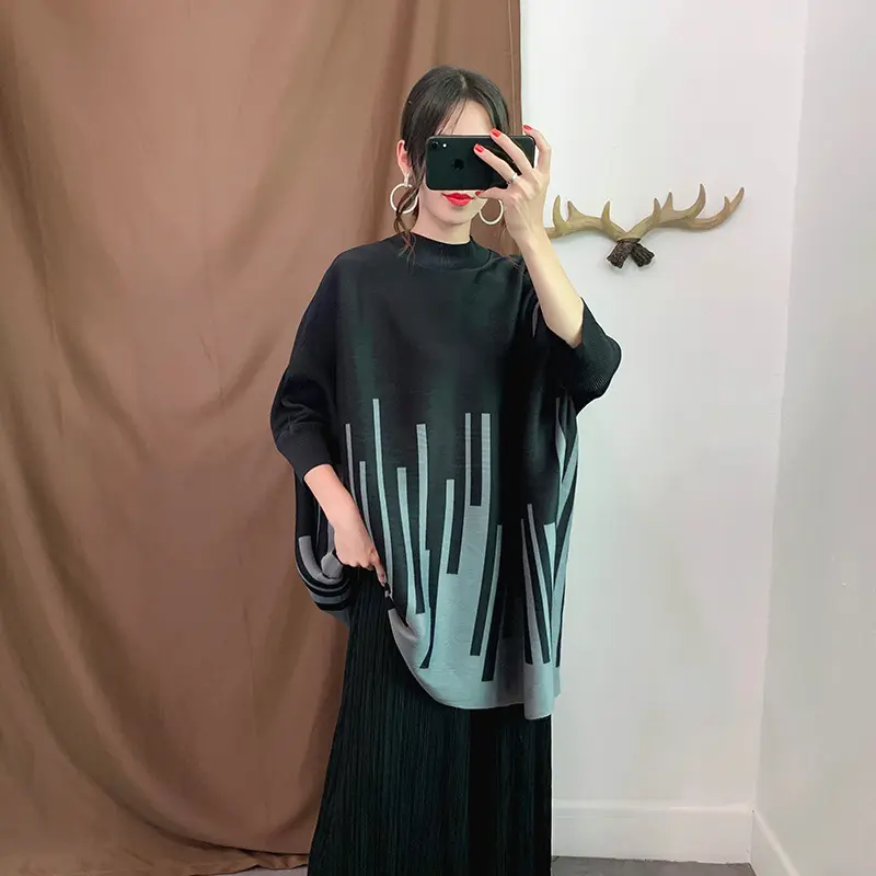 High neck large pleated black short sleeve t-shirt blouse