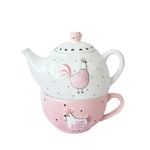 Schönes Teekannen set für One Deco Pink Rooster Hen Chicken mit Dot Heart