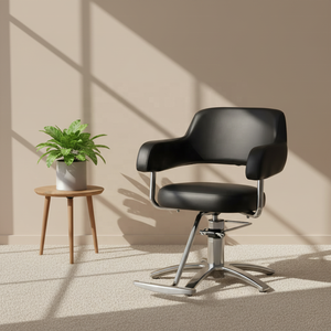   Sillón de Barbero Hidráulico para Salón de Belleza, Negro, de Cuero y Metal, con Base de Madera y Hierro - Product Image 1