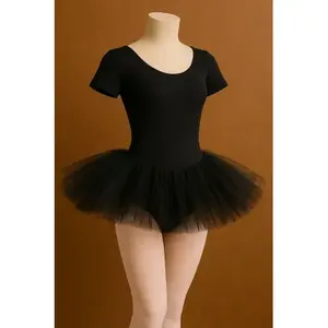 Body da Danza per Bambina a Maniche Corte in Cotone Nero con Tutù per Pratica di Balletto - Product Image 3