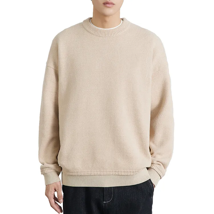 OEM custom knitted cotton crew neck long sleeve oversize embroidered pullover men's sweater