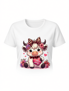 T-shirt da donna con stampa mucca di San Valentino, manica corta, girocollo, casual, primavera estate, in jersey di cotone, con design a cuore e fiocco - Product Image 1