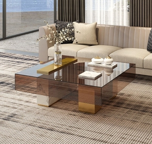 โต๊ะกาแฟสไตล์อิตาลีโต๊ะกลางสแตนเลสโต๊ะกระจกนิรภัยแบบทันสมัยสำหรับห้องนั่งเล่น - Product Image 2