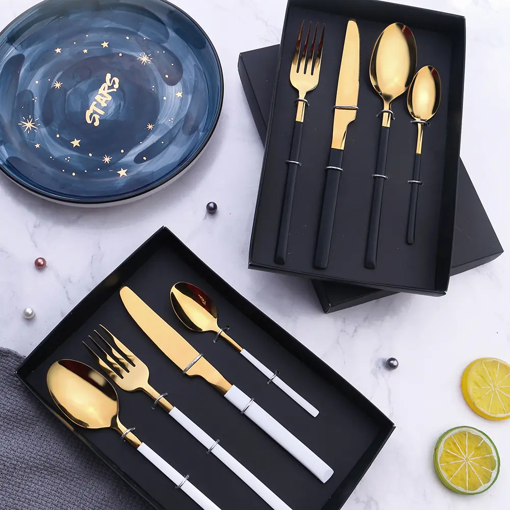 Gold Knife and fork Spoon four-piece Steak Knife and fork Stainless steel Western dinnerware Gift set