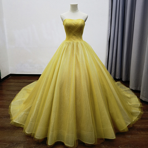 Impresionante Vestido de Noche con Hombros Descubiertos, Vestido de Fiesta de Tul Amarillo con Lentejuelas Mz0062 - Product Image 2