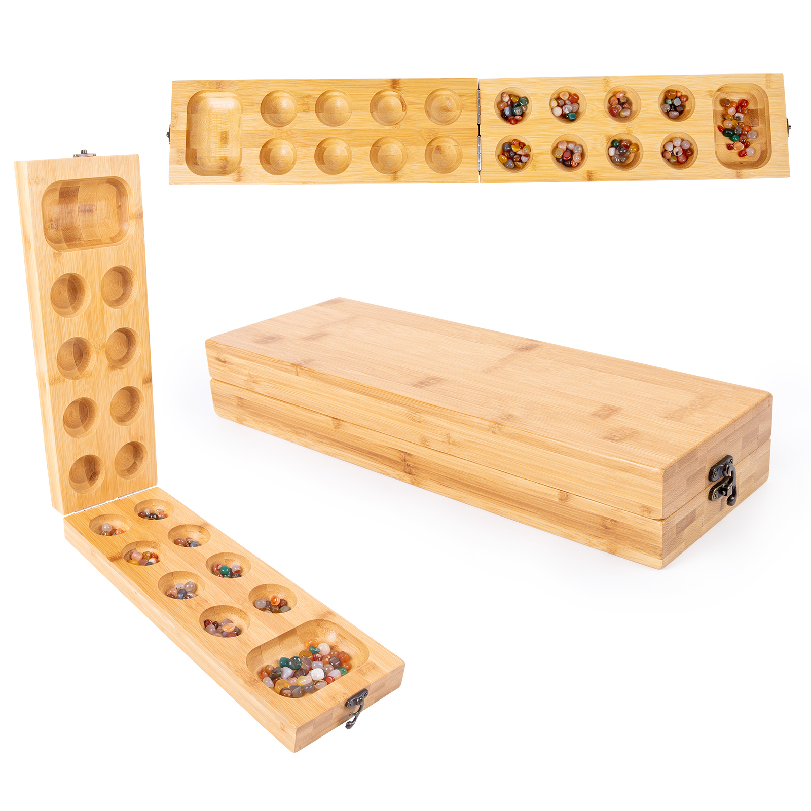 Большая настольная игра Манкала из бамбука с галькой от дождя и цветов для настольных игр, Длина 81 см, 8 ячеек, со складным металлическим замком