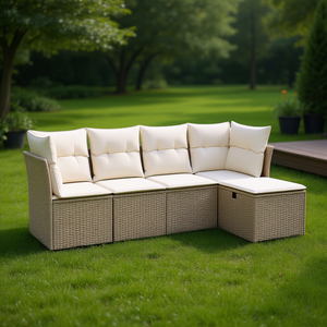 Ensemble de canapé de jardin en polyrotin beige avec coussins crème, meubles d'extérieur avec rangement, 4 places, design contemporain - Product Image 2