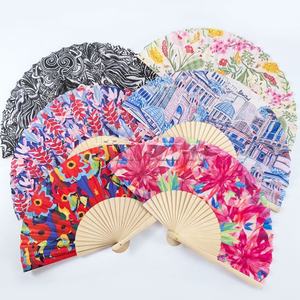 23cm Bamboo Frame Handheld Wooden Fabric Fan <b>Flower</b> Design Custom Shape <b>Painting</b> Wedding Favors Bulk Wholesale Custom Logo - Product Image 2