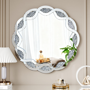 <b>Silver</b> Crush Diamond Round Wall <b>Mirror</b> 31.5 Inch Wave Frame Decorative <b>Mirror</b> for Living Room Bathroom Bedroom Hallway - Product Image 5