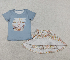 Ensemble de vêtements de Pâques pour bébé fille GSD3486, haut à fleurs, jupe et short, motif lapin - Product Image 2