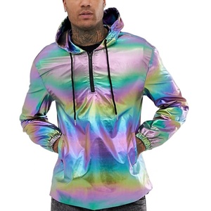 Reflective <strong>Jacket</strong> Nylon Custom Iridescent Holographic Reflective <strong>Safety</strong> Cool Zip up Hoodie <strong>Jacket</strong> for Men With Drawstrings - Product Image 1