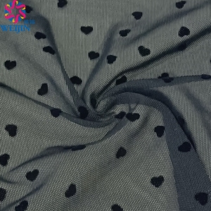 Diseño textil personalizado muestras gratis tejido 100% poliéster <span class=keywords><strong>tul</strong></span> Power Mesh Crape Flock estampado corazón negro <span class=keywords><strong>tela</strong></span> para ropa vestido - Product Image 1