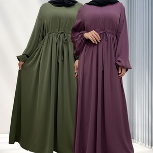 6692# New Solid Color Closed Abaya Long Sleeve Modest Muslim Pregnancy Abayas With Front Zip Attached Small <b>String</b> Belt 6 Colors - Product Image 1