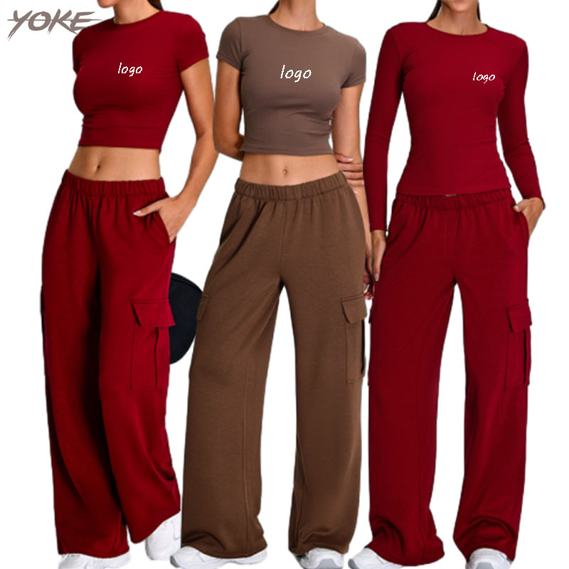 JC Hot Sale Slim-fit Fitness Yoga Sets Pleated Sports Suit Wholesale Shirts Pants Crop Top Long Sleeve Shirts Running