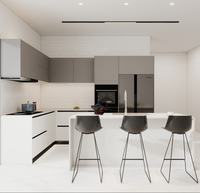 Armoires de cuisine linéaires bleues mates personnalisables avec tiroirs à fermeture silencieuse et effets d'éclairage LED complets