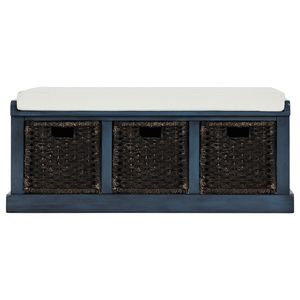 DB TREXM Rustic <b>Storage</b> Bench with 3 Removable Classic Rattan Baskets Entryway Bench Antique Navy <b>Cushion</b> Living Room Furniture - Product Image 1