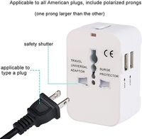 Adaptador de Viaje Universal, Adaptador de Enchufe Universal Todo en Uno con 2 Puertos USB para EE. UU., UE, Reino Unido, Teléfono Celular, Computadora Portátil, HHT202