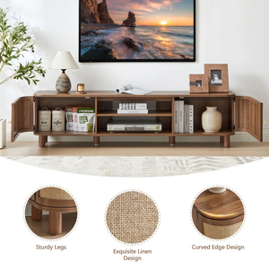 Factory Direct NEW Design Rattan Curved Door Tv Stand, Mid Farmhouse TV <b>Cabinet</b> with Natural Linen - Product Image 3