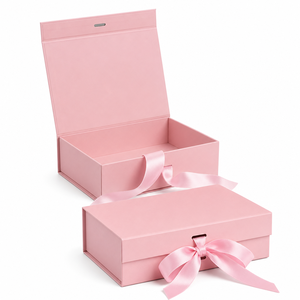 Custom <b>Pink</b> Collapsible Rigid Paperboard Gift Box Ribbon Tie Hot Stamping Logo Printing | Luxury Foldable Candle Packaging Box - Product Image 2